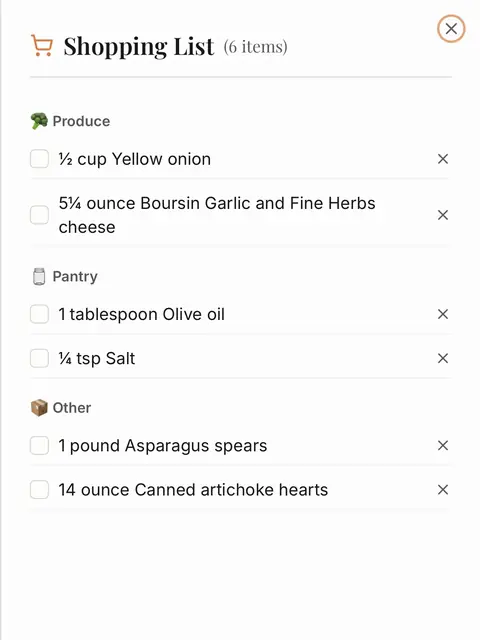 Shopping list generated from the week's meal plan, grouped by grocery category